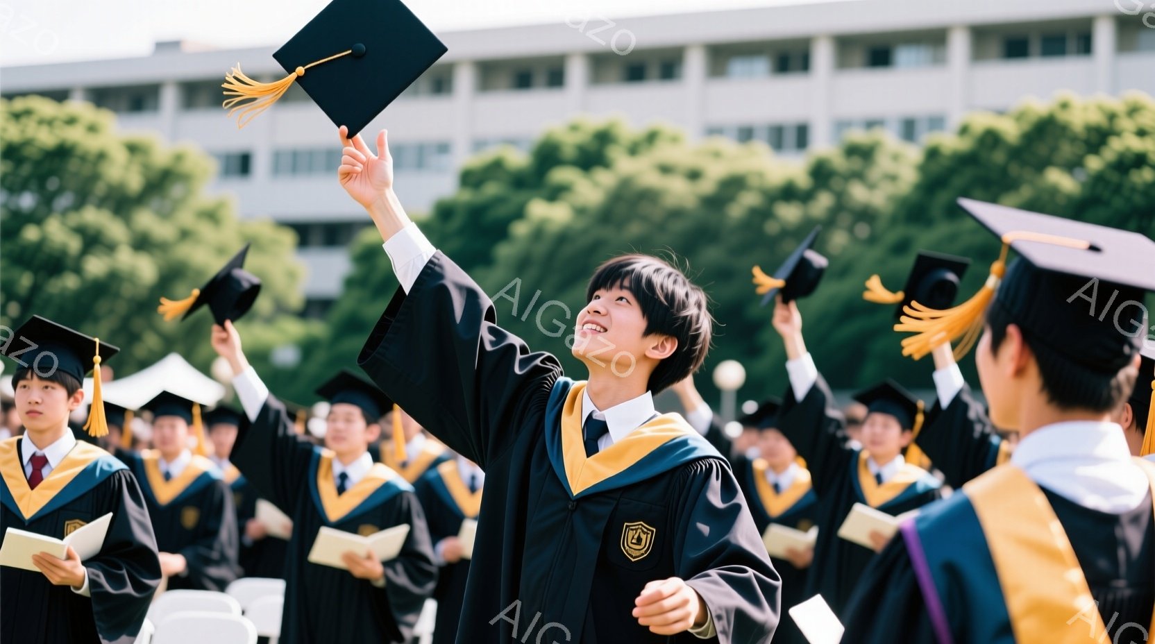 卒業式と思われる場面で、黒い学士帽とローブを身につけた学生たちが写っている。一人の学生は喜びを表すように顔を上げ、片手を高く掲げて学士帽を投げようとしている。背景には白い建物と緑豊かな木々が見え、晴天の下、華やかな雰囲気が漂っている。