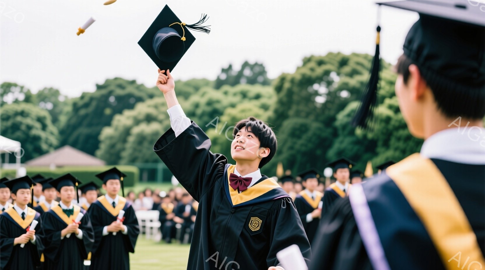 学士帽を空中に投げ上げる若い男性が写っている。黒い学士服にボウタイをつけ、嬉しそうな表情で顔を上げている。背景には緑豊かな芝生と木々があり、他の卒業生たちも同じように黒い学士服を着て整列しており、晴天 - AI生成フリー素材