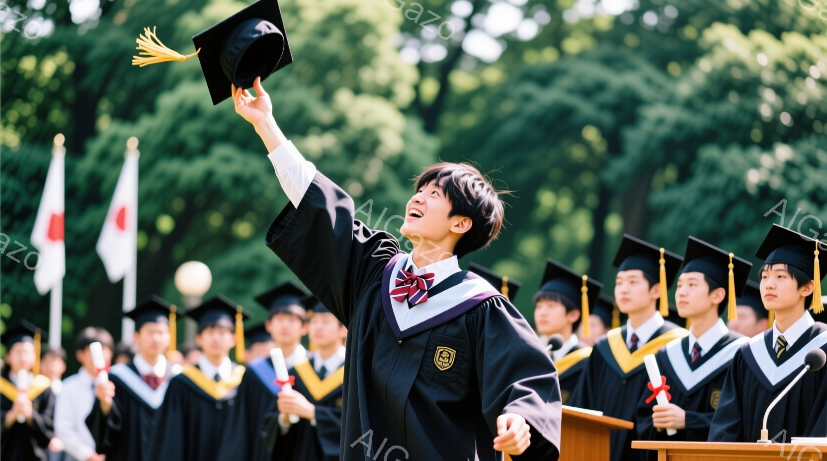 少年は制服を着て、食堂で食事中です。彼はオレンジ色の牛乳パックから飲み物を飲み、少し真剣な表情をしています。背景にはレンガ造りの建物が見え、晴れた日の屋外での食事風景が描かれています。