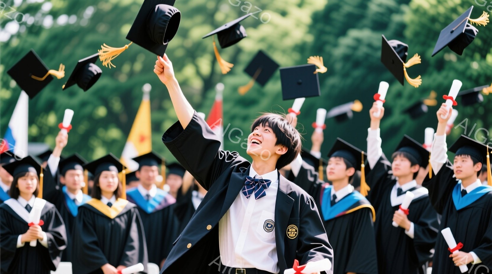 学生たちが黒い学士帽を空中に投げ、卒業を祝っている様子が写っている。一人の女性学生は特に高く手を上げ、満面の笑みを浮かべている。背景には緑豊かな木々と青空が広がり、晴天の下での盛大な卒業式であることがわかる。