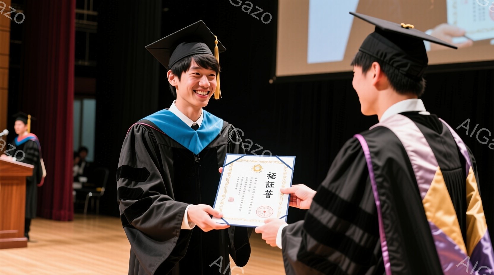 卒業式で、学士服を着た若い男性が卒業証書を受け取ろうとしている場面です。彼は明るい笑顔で証書に手を伸ばし、少し緊張しながらも喜びを隠せない表情をしています。背景には、赤いカーテンと壇上で司会を務める人物が見え、お祝いの華やかな雰囲気が漂っています。