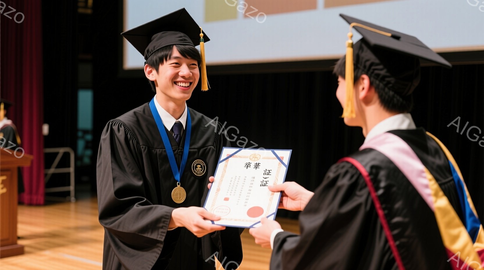学士の学位記を授与される男性が写っている。黒い学士服と帽子を身につけ、白いシャツとネクタイ、そして金色の帯を締めている。笑顔で学位記を受け取ろうとする姿勢は喜びと達成感に満ちている。