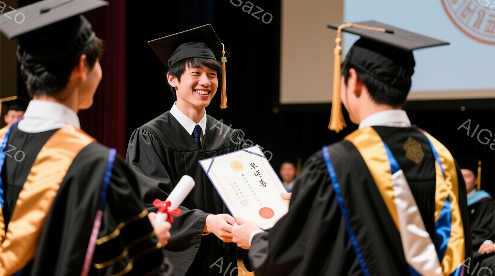 学士服を着た若い男性が、卒業証書を受け取ろうと手を伸ばしている場面だ。彼は明るい笑顔を見せており、黒髪をきれいに整え、自信に満ちた表情をしている。背景には、同じ学士服を着た他の学生たちがおり、卒業式のような厳かな雰囲気が漂っている。