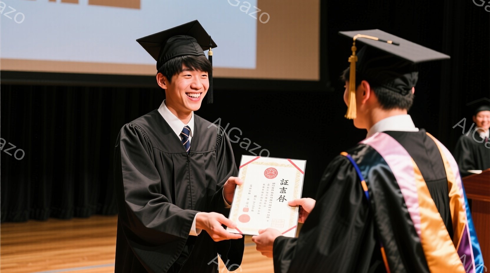 卒業式と思われる会場で、黒い学士服と帽子を身に着けた若い男性が、学位記を受け取ろうとしている場面です。彼は満面の笑みを浮かべ、少し体を前に傾けており、期待と喜びが伝わってきます。背景には他の卒業生や壇上が見え、華やかで厳かな雰囲気が漂っています。