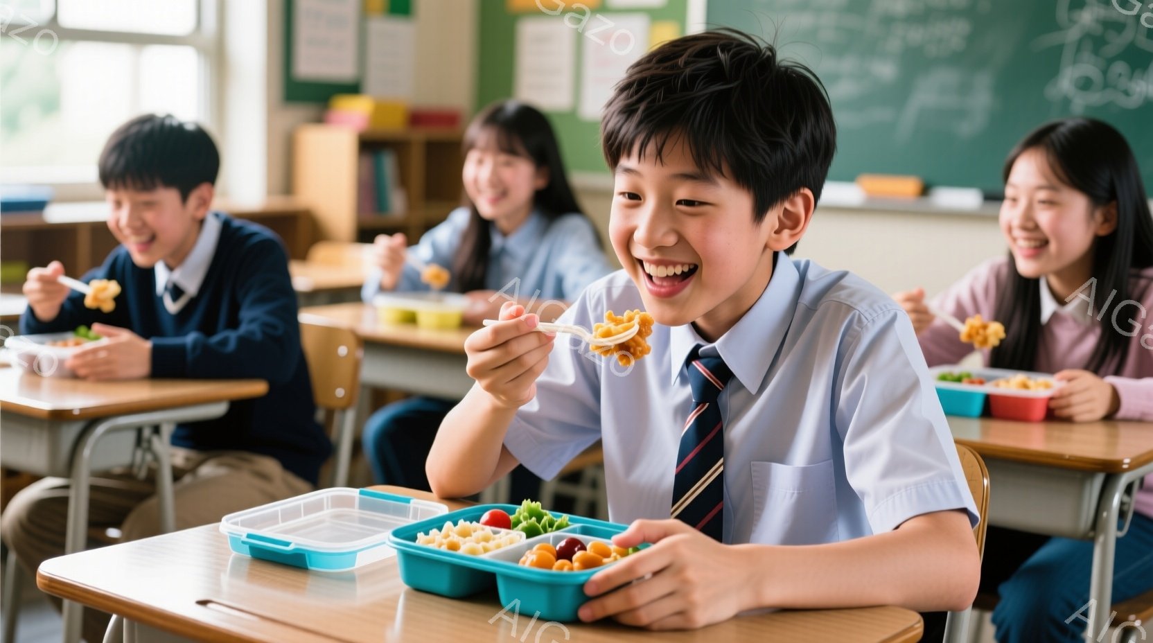 制服を着た少年少女たちが、学校の教室で昼食をとっています。少年は嬉しそうな笑顔でフォークで料理を口に運び、少女たちは同じように食事を楽しんでいます。教室には木製の机と椅子が並び、背景には黒板が見え、明るく楽しい雰囲気です。