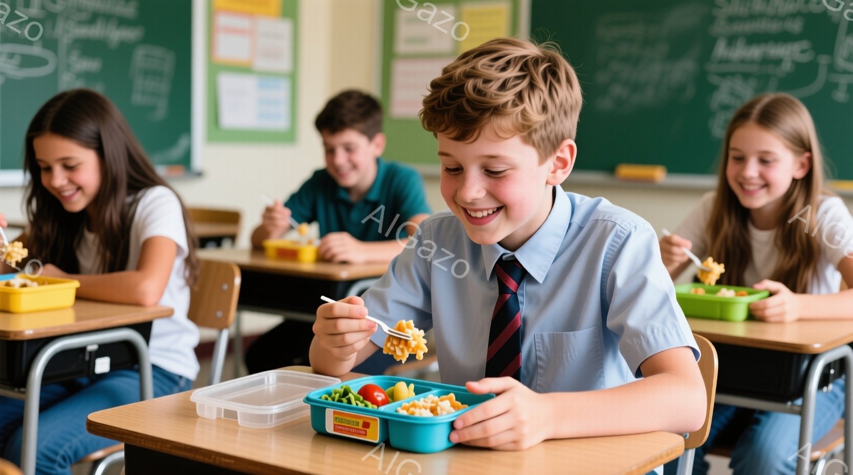 教室でランチを楽しむ子供たちが写っています。中央の男の子は、青いシャツに赤いネクタイを締め、明るい笑顔でフォークを使ってパスタを食べています。背景には他の子供たちがおり、皆、お弁当箱から食事を楽しんで - AI生成フリー素材