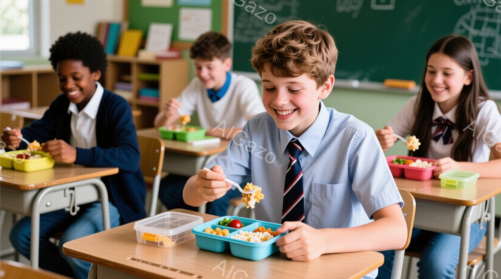 教室で昼食をとる小学生たちが写っている。少年は明るい笑顔でフォークを使って弁当箱の中の食事を楽しんでいる。背景には他の生徒たちや黒板が見え、教室の明るく活気のある雰囲気が伝わってくる。 - AI生成フリー素材