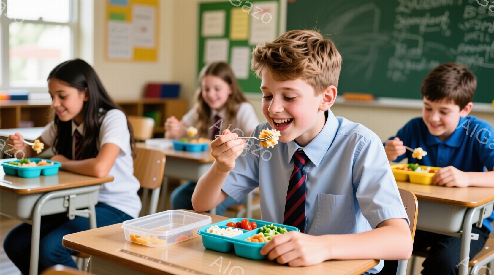 教室で食事をする小学生たちが写っています。茶髪の少年は明るい笑顔でフォークを使ってパスタを口に運んでおり、嬉しそうな表情をしています。背景には他の生徒たちが同じようにランチボックスに入った食事を楽しん - AI生成フリー素材
