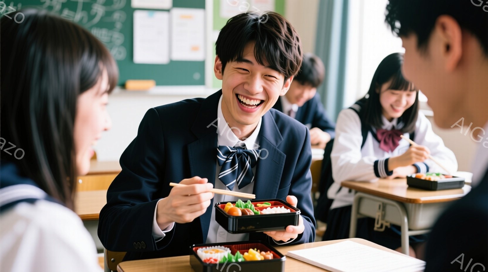 制服を着た男子生徒が、弁当を美味しそうに頬張る様子が写っている。彼は明るい笑顔で、左手には箸を持ち、右手を頬に当てている。教室の背景には、他の生徒や黒板が見え、活気のある学校生活の一コマを切り取ってい - AI生成フリー素材