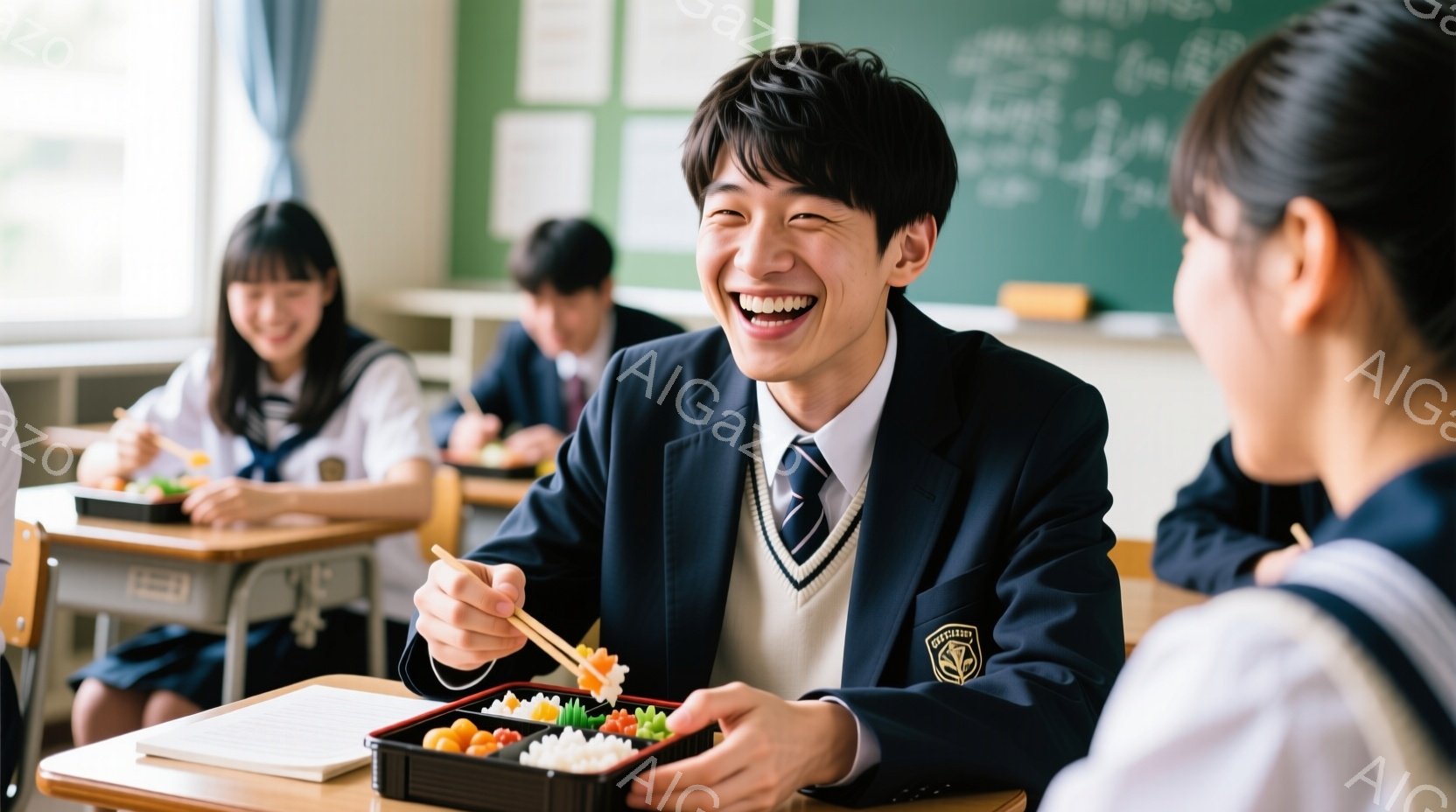 教室の中で、制服を着た男子高校生が、お弁当を食べて笑顔を見せています。彼は短髪で、明るい表情をしており、隣には同じように制服を着た女子生徒がいます。教室の黒板には文字が書かれており、全体的に明るく和や - AI生成フリー素材