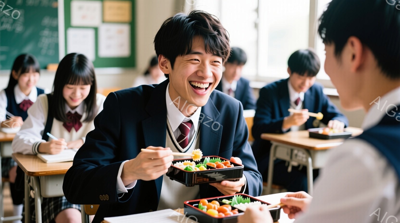 教室の様子で、男子生徒が満面の笑みで弁当を見せている。紺色のブレザーに赤いネクタイを締め、髪は短く整えられている。背景には他の生徒たちが机に向かい、勉強や食事をしている様子がぼやけて写っており、明るく活気のある学校の雰囲気が伝わってくる。