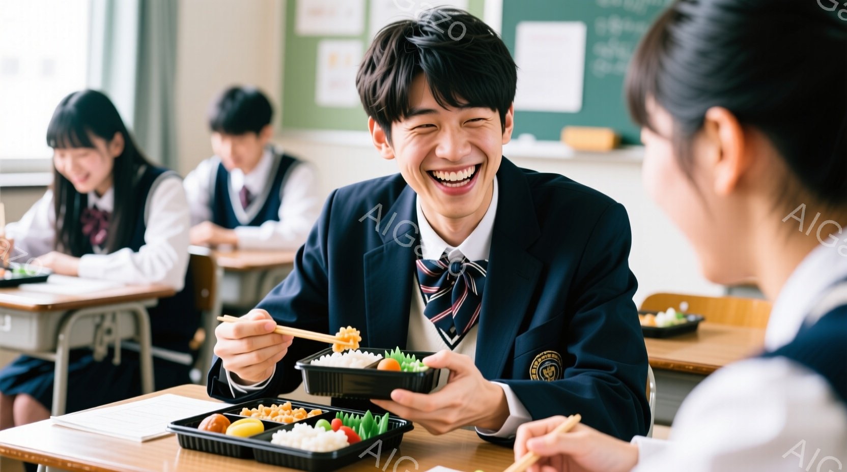 制服を着た男子生徒が、お弁当を手に笑顔で何かを話している様子が写っている。彼は黒髪で、明るい表情で、左手には箸、右手にはお弁当の容器を持っている。背景には他の生徒たちが座っており、教室の黒板と机が見え - AI生成フリー素材