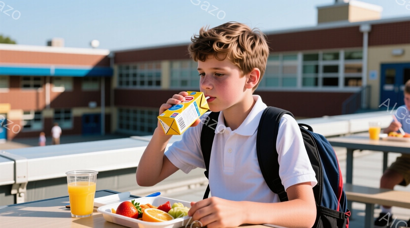 金髪の少年が、学校のランチテーブルで牛乳パックから直接飲んでいます。白いポロシャツにズボンを穿き、リュックサックを背負っています。背景には、青い空の下、学校の建物が見え、天候は晴れで、全体的に明るく、学校の昼食時の雰囲気です。