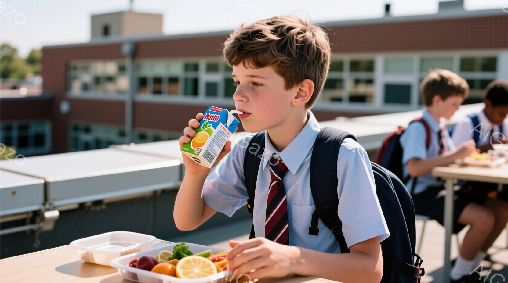 少年は学校のランチルームでオレンジジュースを飲み、ランチボックスの中身を眺めています。彼は制服を着ており、短くカールした髪と真剣な表情をしています。背景には学校の建物と晴れた空が見え、全体的に明るく活 - AI生成フリー素材