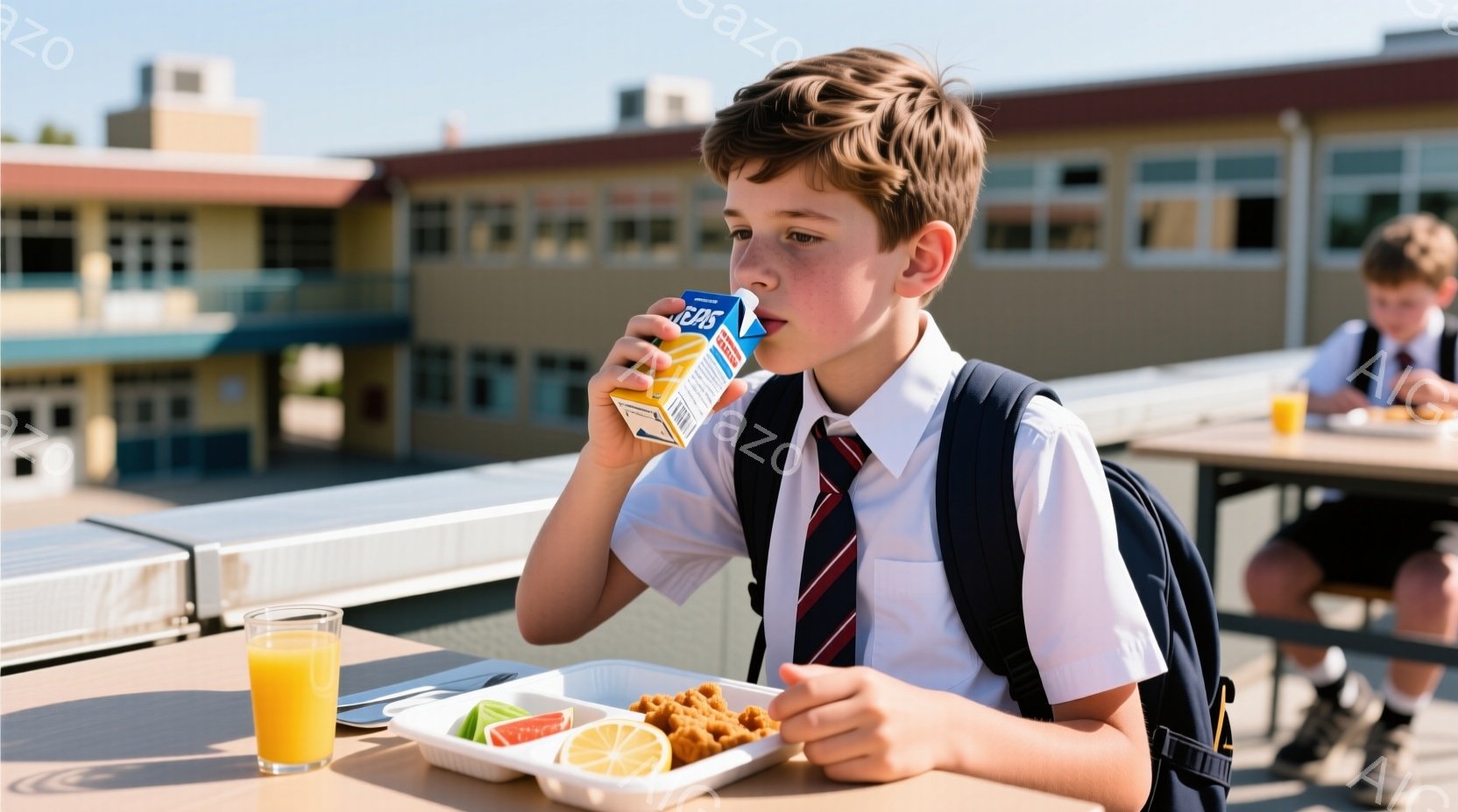 制服を着た少年が昼食をとっています。彼はネクタイと縞模様のシャツを着ており、茶色の髪は短く整えられています。背景には、レンガ造りの学校の建物と青空が広がり、明るい晴天の昼食時の様子が伺えます。