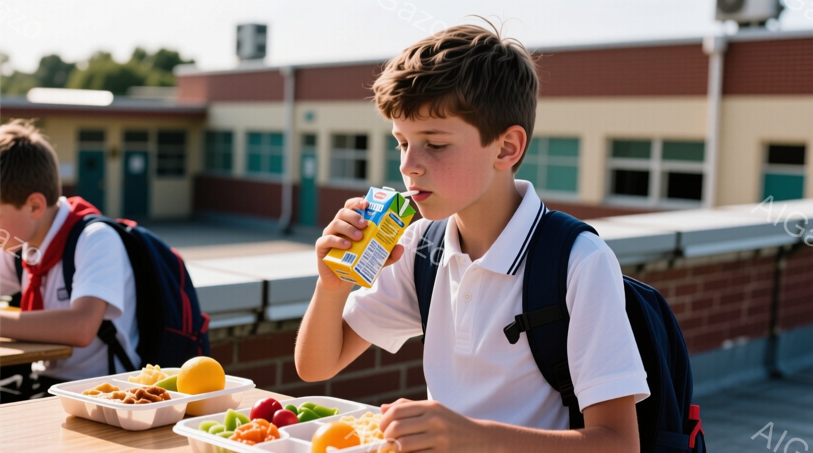 茶髪の少年が、屋外のテーブルで昼食をとっています。白いポロシャツに、黒いバックパックを背負い、オレンジジュースを飲んでいます。背景にはレンガ造りの学校の建物が見え、晴れた日差しの中で、リラックスした雰 - AI生成フリー素材