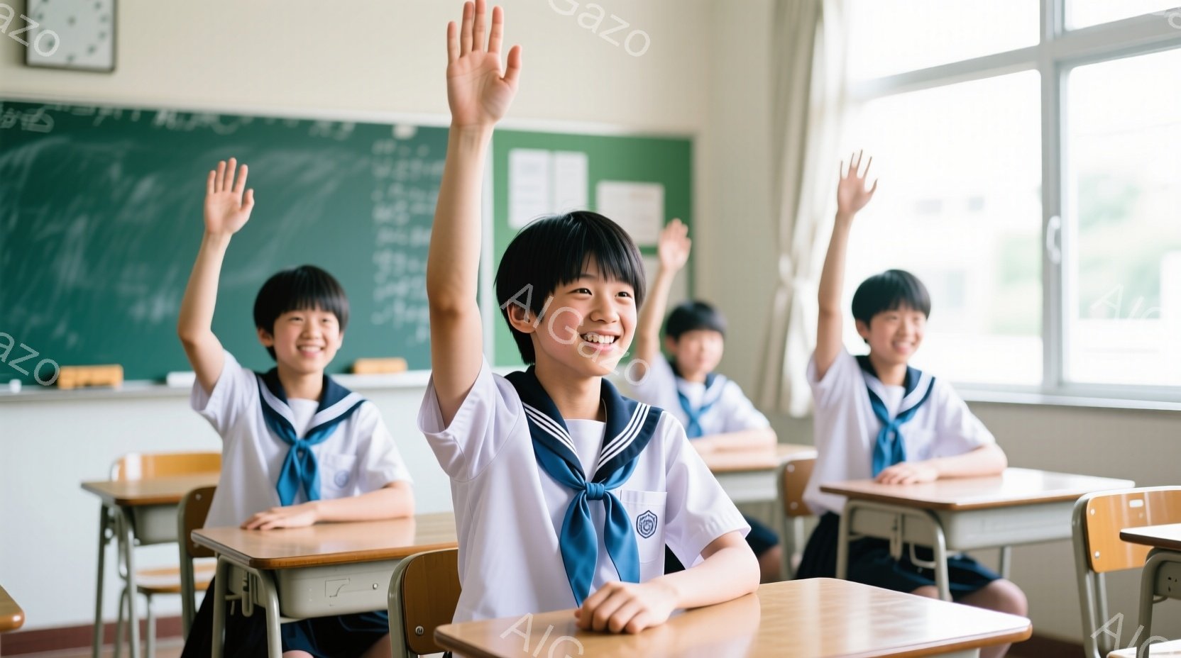 制服を着た小学生たちが教室で手を挙げています。彼らは皆、笑顔で活気に満ちており、姿勢も良く、授業に熱心に取り組んでいる様子が伺えます。教室は明るく、窓の外には緑が見え、学習に適した穏やかな雰囲気です。 - AI生成フリー素材