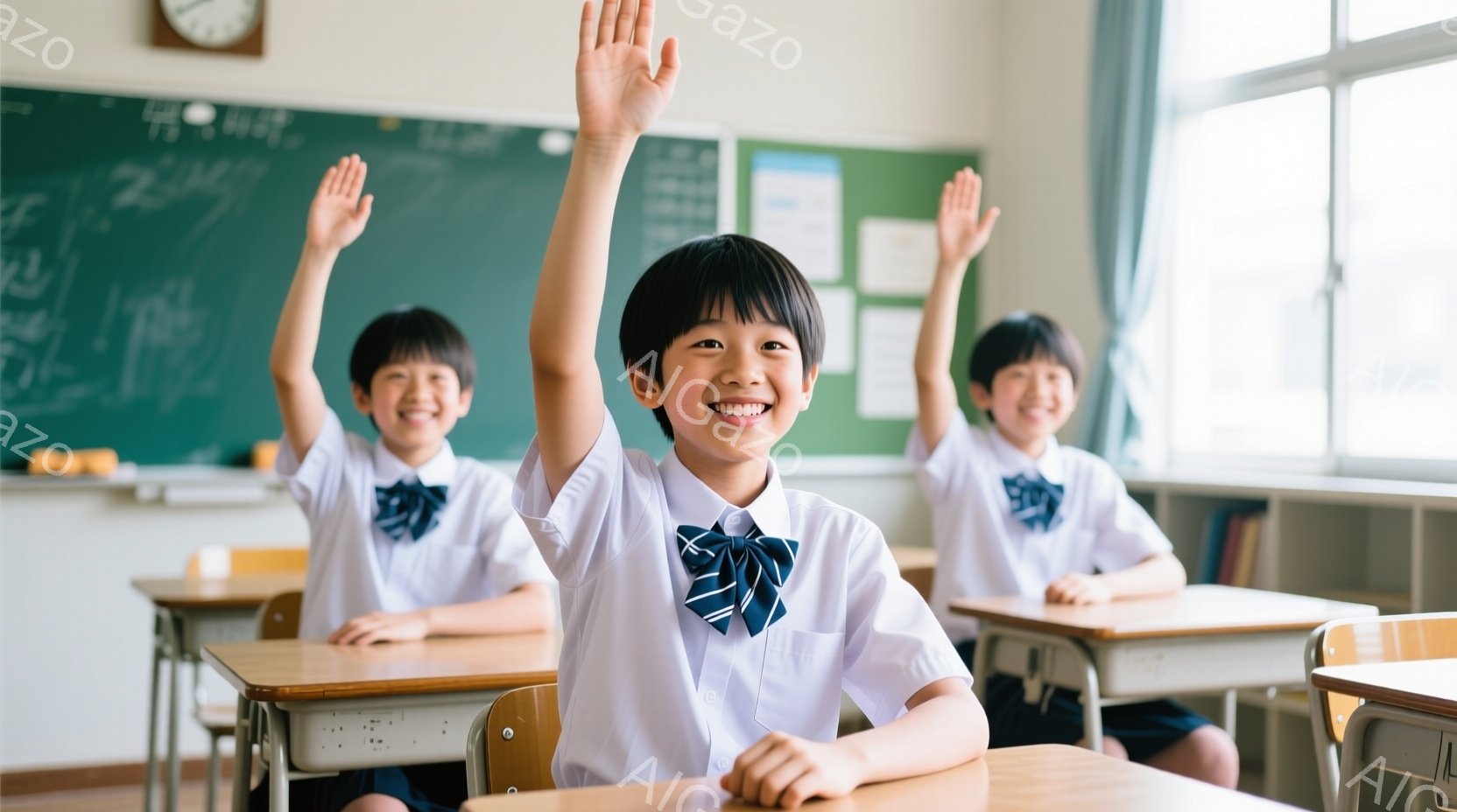 教室で三人の小学生が、手を挙げています。生徒たちは白いシャツに紺色のネクタイとズボンまたはスカートを着用し、笑顔で元気いっぱいです。背景には黒板と机が並び、明るく清潔な学校の雰囲気が伝わってきます。 - AI生成フリー素材