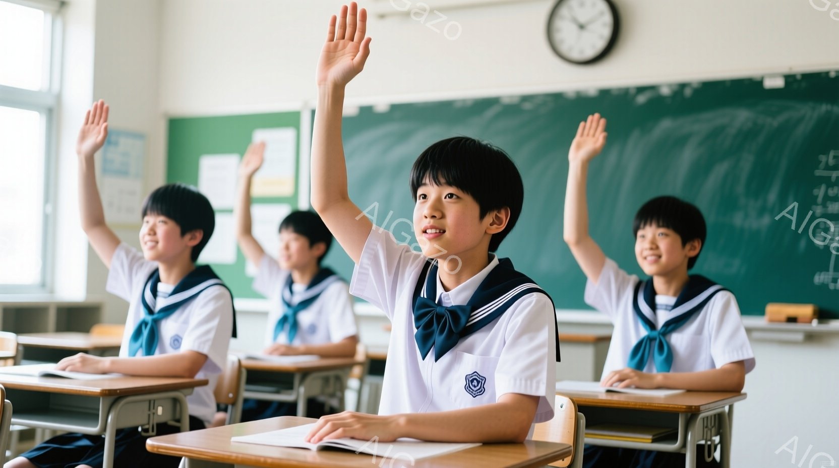 制服を着た小学生たちが教室で手を挙げています。紺色のブレザーに白いシャツ、ネクタイとリボンが特徴的で、髪型は短髪またはポニーテールです。教室には黒板があり、生徒たちは授業に真剣に取り組んでいる様子で、 - AI生成フリー素材