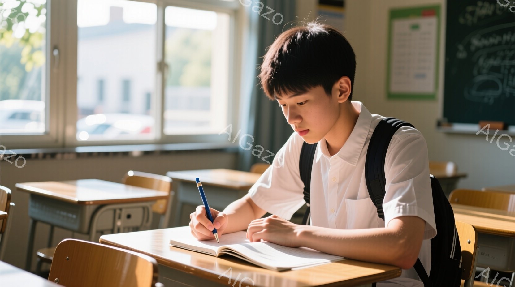 若い男性が教室で机に向かい、ペンでノートに書き込んでいる。彼は白いシャツと黒いベストを着ており、黒髪を短く整えている。教室には木製の机が並び、窓から自然光が差し込み、学習に集中した静かな雰囲気が漂っている。