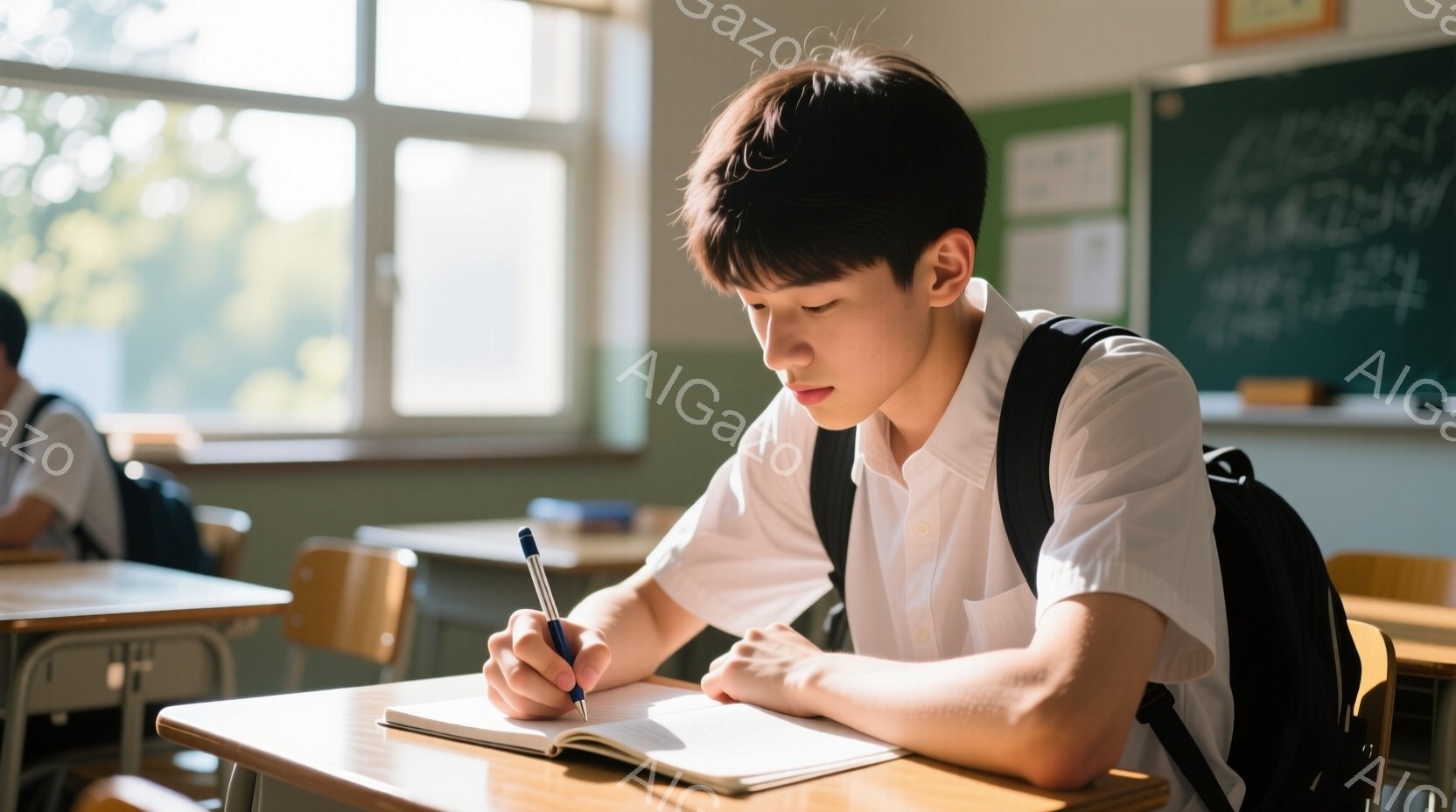 教室で若い男性が机に向かって何かを書き込んでいる様子が写っている。彼は白いシャツに黒いバックパックを背負い、短く整えられた黒髪をしている。背景には他の生徒と机、窓から差し込む自然光が見え、集中して学習 - AI生成フリー素材