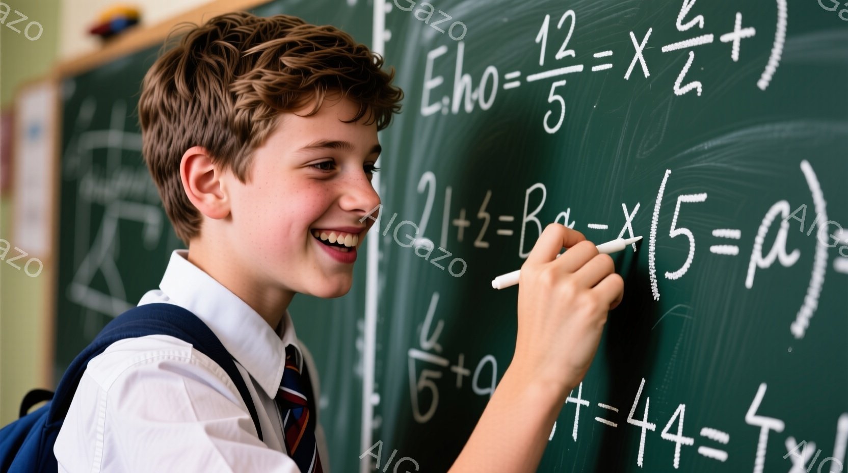 茶髪の少年が黒板の前で満面の笑みを浮かべている。彼は制服を着ており、左肩にリュックサックを背負っている。黒板には数学の式が書き込まれており、少年はチョークを持って何かを書き込んでいる様子で、学習意欲に満ちた活気のある雰囲気である。