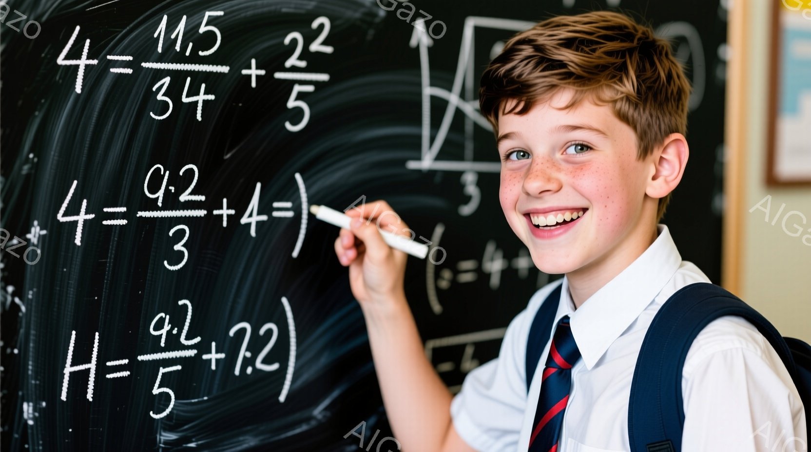 少年は、黒板の前に立ってチョークで数式を解いています。彼は、青いシャツにネクタイ、セーターベストを着ており、明るい笑顔を見せています。背景には数式が書かれた黒板と教室の一部が見え、学業に励む活気ある雰囲気が漂っています。