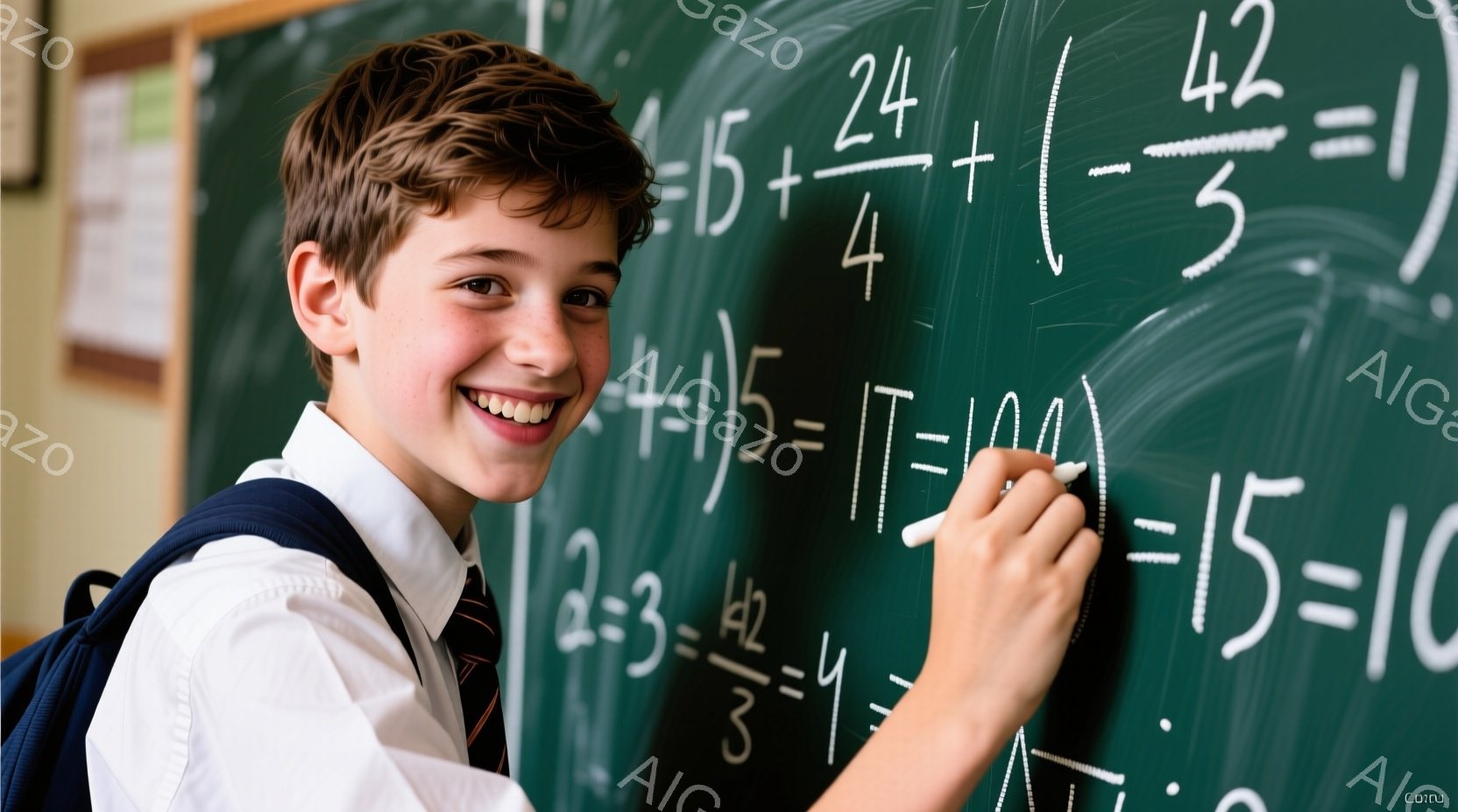 若い少年がチョークを持って黒板の前に立っており、笑顔を見せています。彼は紺色のブレザー、白いシャツ、ネクタイを着用し、肩にはリュックサックを背負っています。黒板には数学の問題が書かれており、背景は教室の一部であることがわかります。