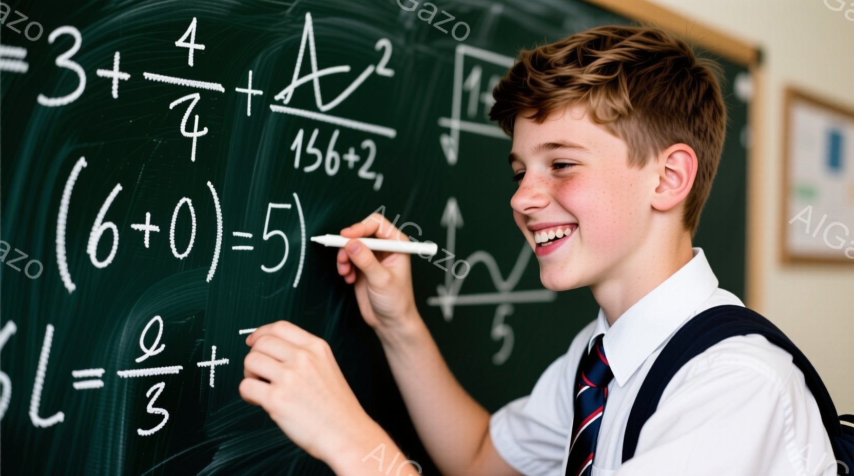 若い少年が黒板の前で数学の問題を解いています。彼は白いシャツにネクタイ、紺色のブレザーを着ており、明るい笑顔を浮かべています。背景には数式が書かれた黒板と、教室の一部が見え、学習に励む活気のある雰囲気 - AI生成フリー素材