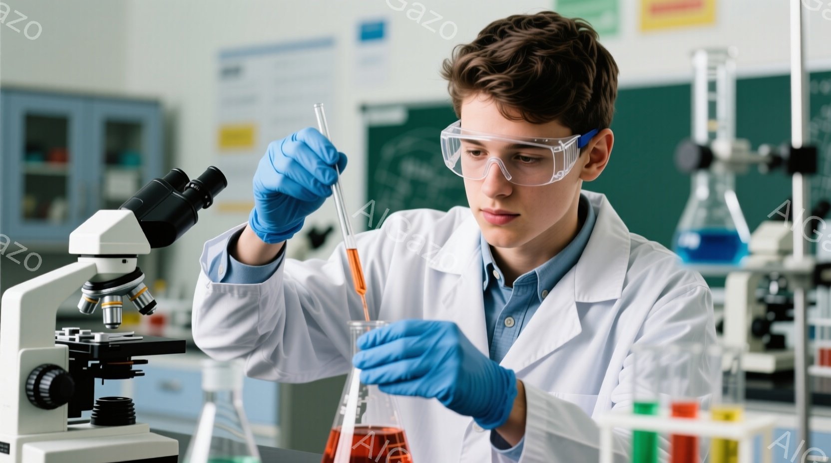 若い男性が実験室で実験を行っている様子が写っている。彼は白衣と青色の手袋を着用し、保護メガネをかけている。彼はフラスコにピペットで液体を垂らし、真剣な表情で実験に取り組んでいる。