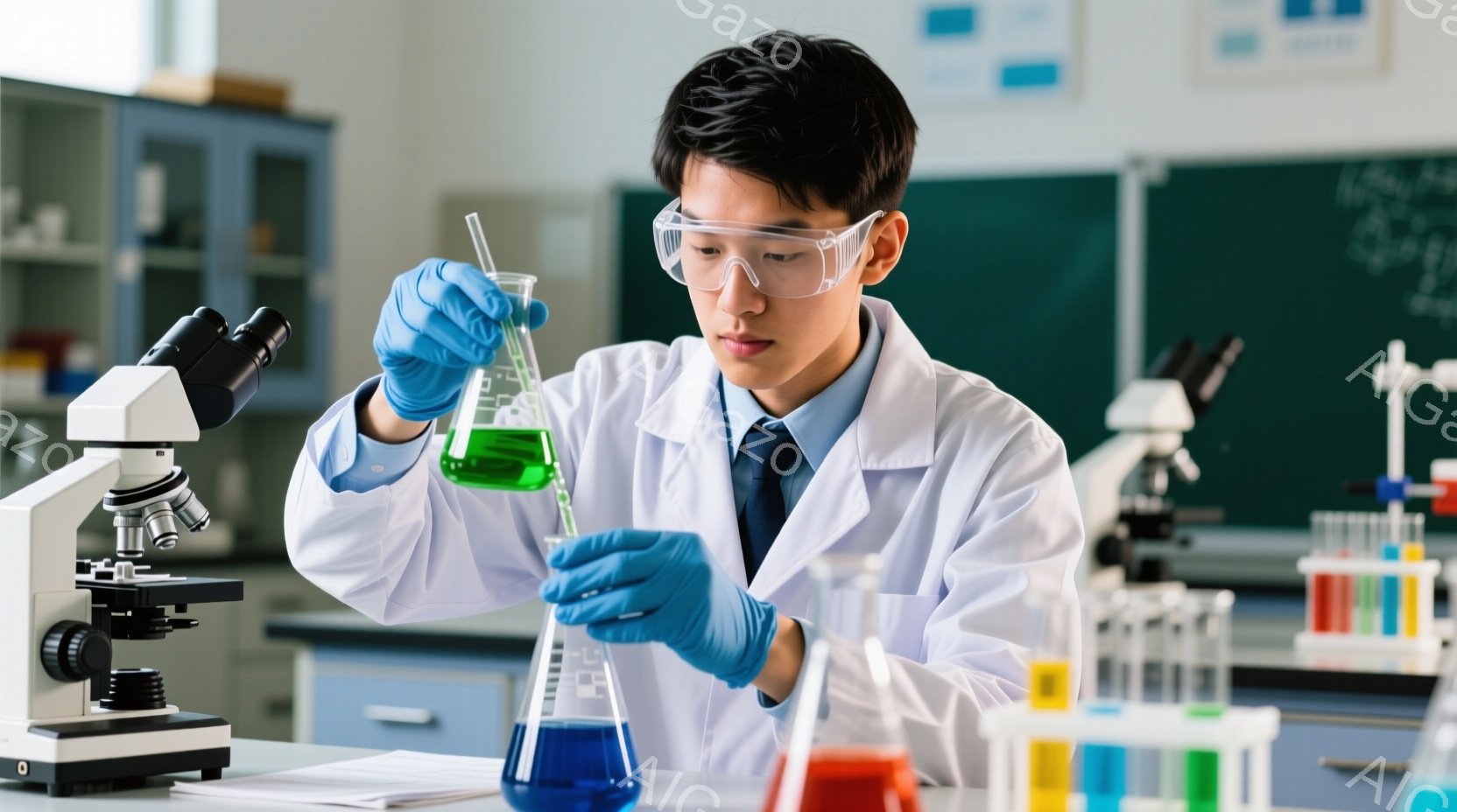 若い男性が実験室で実験を行っている様子が写っている。彼は白衣とネクタイを着用し、ゴーグルと青い手袋をつけている。背景には顕微鏡、試験管立て、そして様々な色の液体が入った試験管が並び、実験室の雰囲気が漂っている。