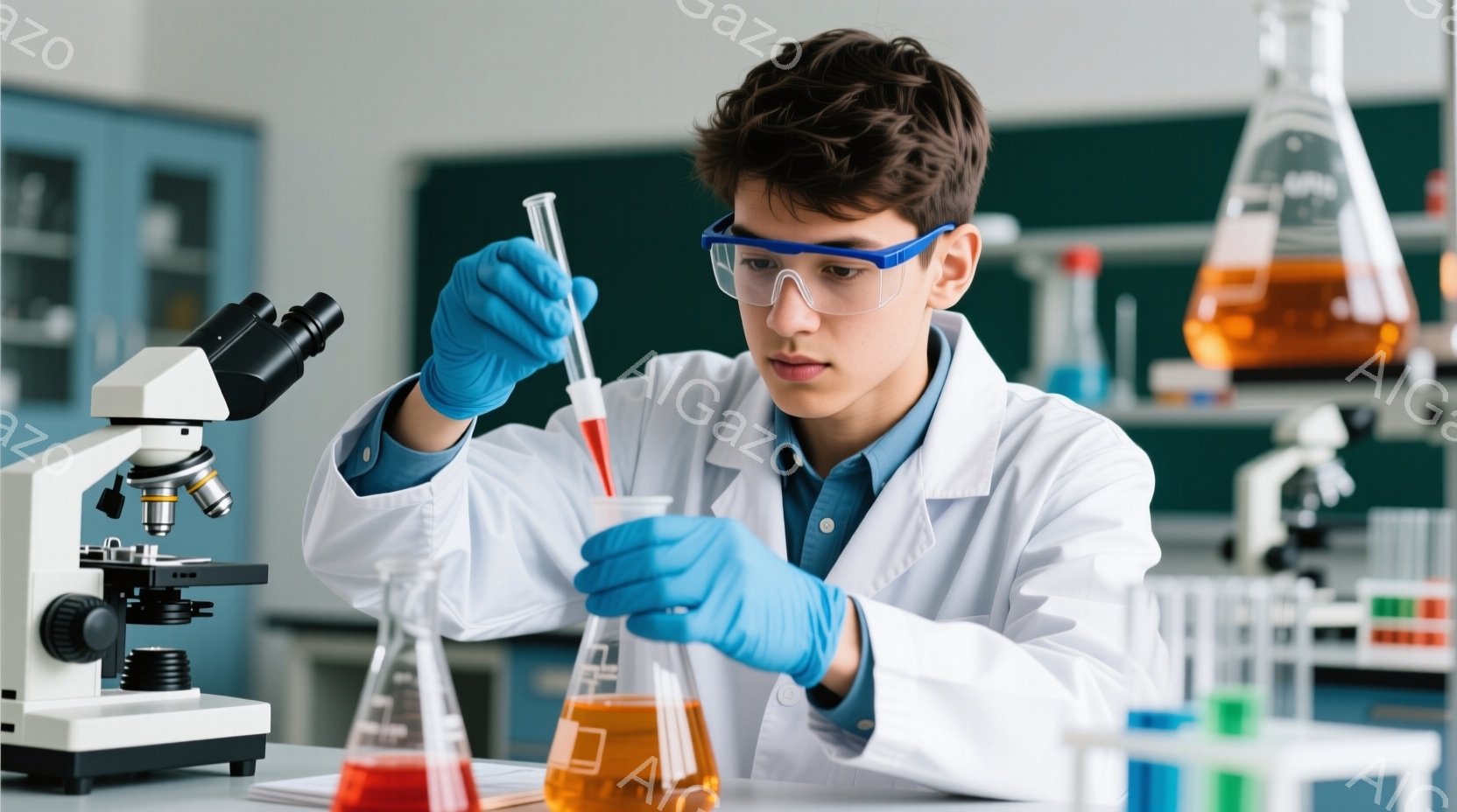 若い男性が研究室で実験を行っている様子が写っている。彼は白衣と青い手袋を着用し、保護メガネをかけている。彼の前にはフラスコや試験管が並び、何かを分析しているような真剣な表情をしている。