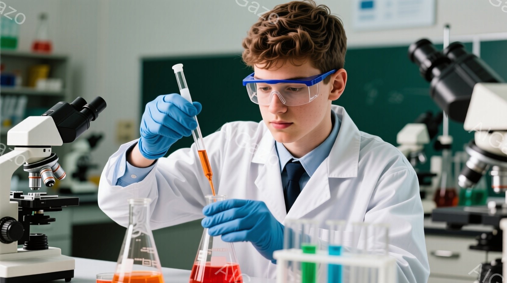 若い男性が実験室で実験を行っている様子が写っている。彼は白衣とネクタイを着用し、青い手袋とゴーグルを付けており、真剣な表情で試験管からフラスコにオレンジ色の液体を滴下している。背景には顕微鏡や試験管が並び、研究室の雰囲気が漂っている。
