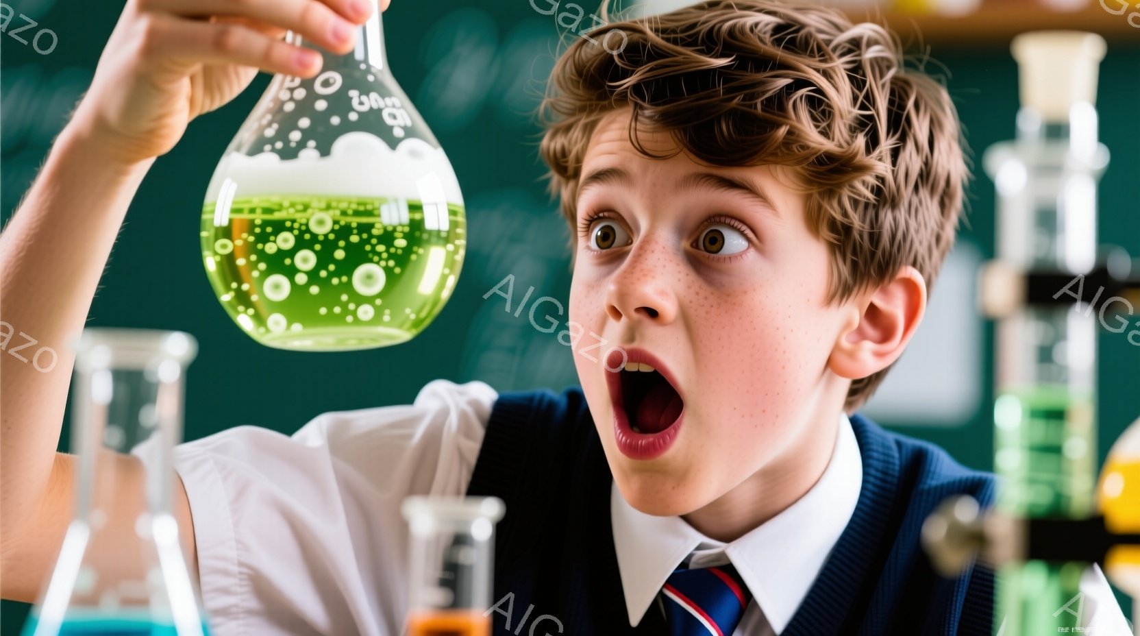 少年は実験中に驚いた表情をしており、緑色の液体が入ったビーカーを高く掲げています。彼は紺色のブレザーに白いシャツ、ネクタイ姿で、茶色の巻き毛が特徴的です。背景には様々なビーカーやフラスコが積み重ねられ、科学実験室の様子が伺え、全体的に好奇心と興奮に満ちた雰囲気です。