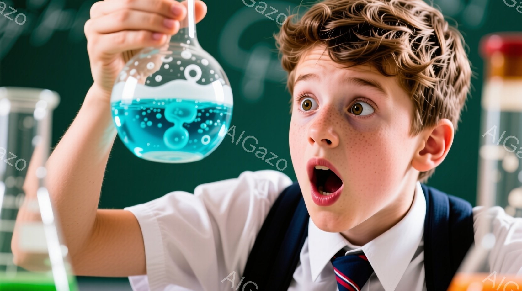 少年は青い液体が入ったフラスコを驚いた表情で高く掲げています。彼は白いシャツにネイビーのベストとネクタイを着用し、茶色の巻き毛が特徴的です。背景には実験器具が並び、おそらく科学実験室の様子で、全体的に - AI生成フリー素材