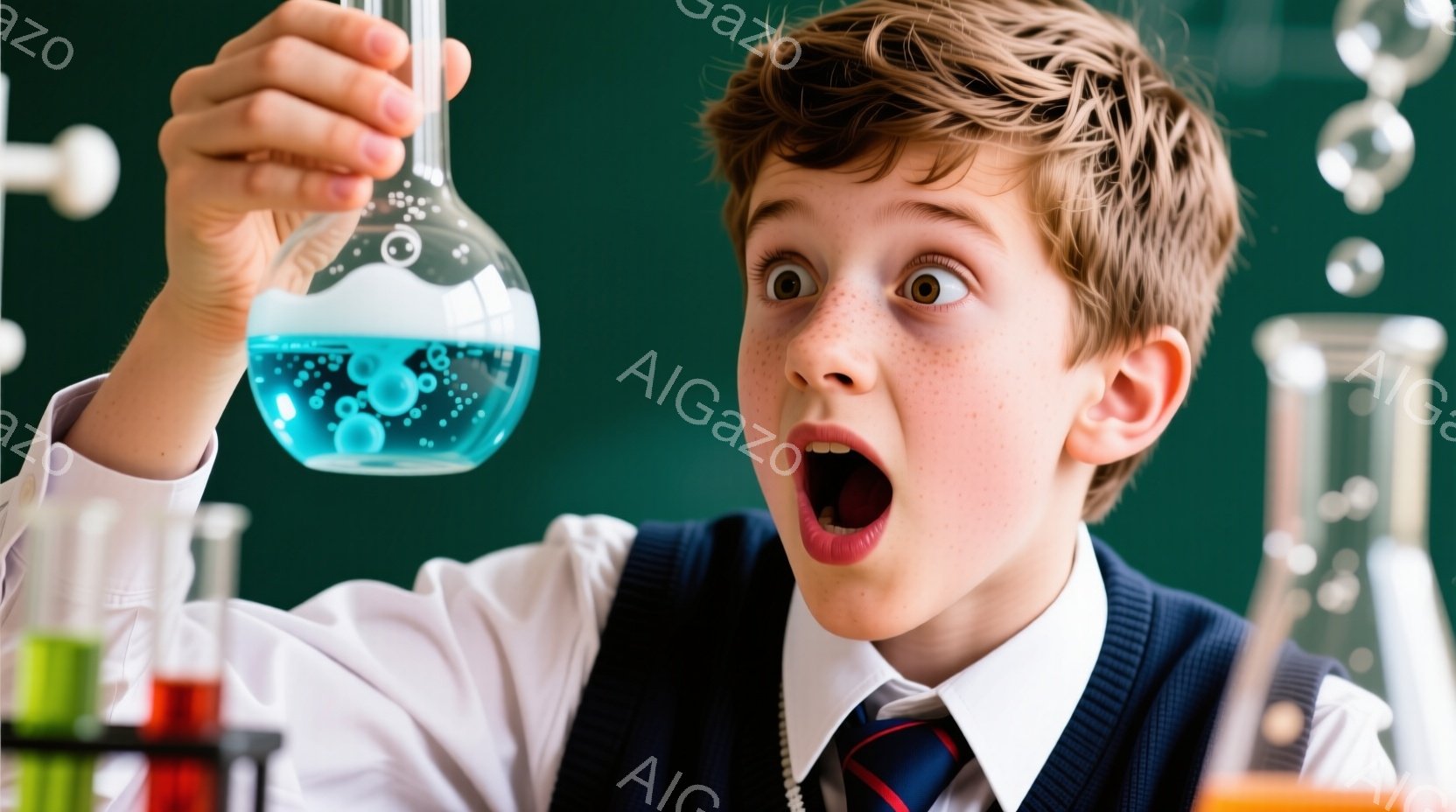 赤毛の少年が青い液体が入ったフラスコを高く掲げ、驚いた表情をしています。彼は白いシャツにネイビーのベスト、赤いネクタイという制服を着ており、背景には様々な化学実験器具が並んでいます。全体的に明るく、科 - AI生成フリー素材