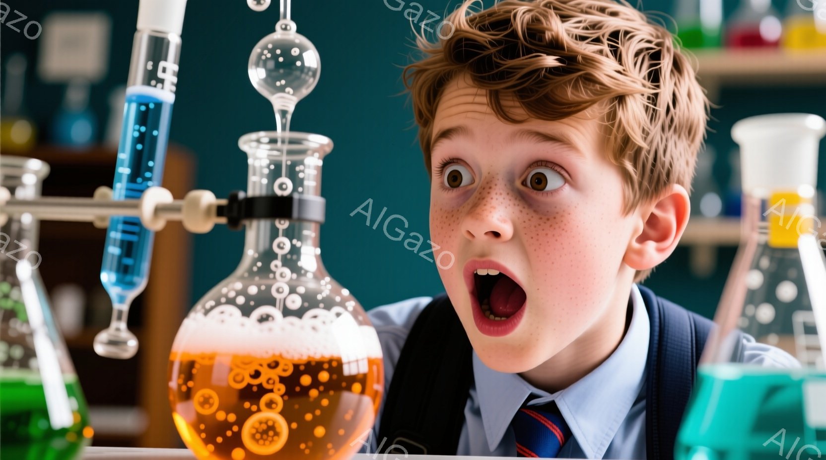 赤毛でそばかすのある少年が、驚いた表情で口を開けています。彼は学校の制服のような服装で、背景には様々な試験管やフラスコが並んだ実験室のような場所に見えます。オレンジ色の液体が入ったフラスコから泡が吹き出し、実験が成功または失敗したことを示唆する、活気のある雰囲気です。