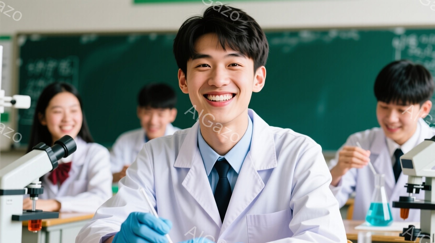 科学実験室で、白衣を着た若い男性が正面を見て笑顔を浮かべている。彼は青い手袋を着用し、試験管を持っている。背景には、顕微鏡や試験管のある他の学生たちがおり、明るく活気のある雰囲気である。