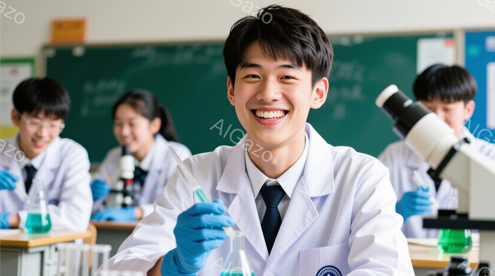 研究室にいる若い男性が、試験管を手に笑顔でカメラを見ています。彼は白い研究室用白衣を着用し、ネクタイを結んでいます。背景には、他の学生たちが実験を行っている様子が見え、全体的に明るく活気のある雰囲気で - AI生成フリー素材