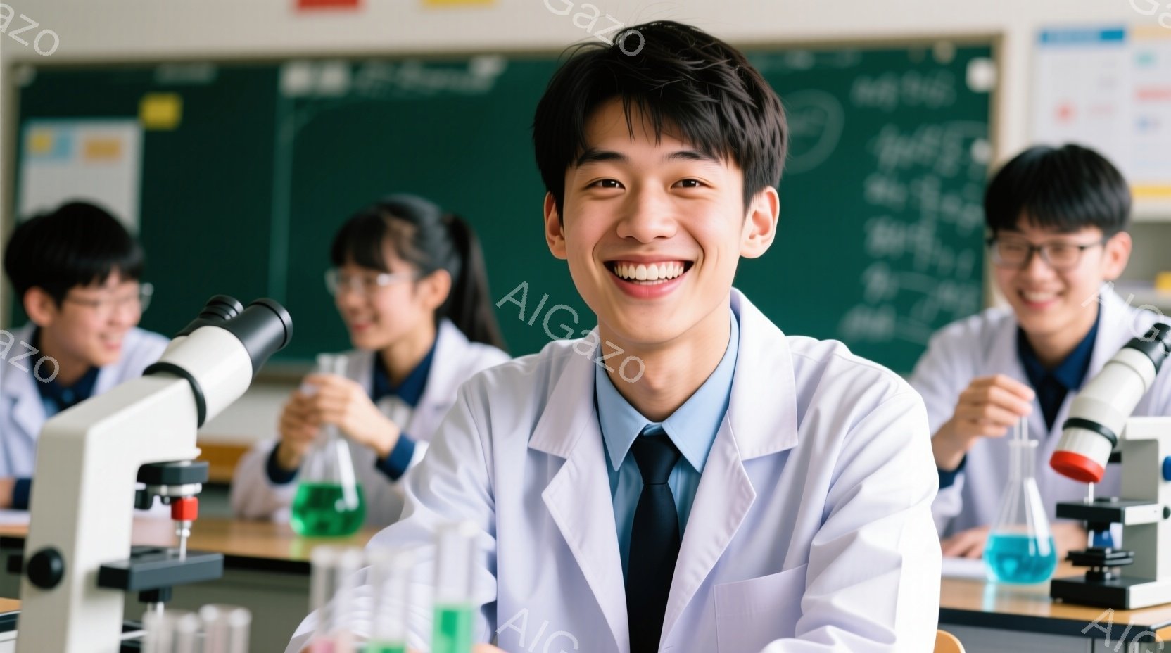 白衣を着た若い男性が、実験台の前で笑顔でカメラを見ている。背景には、同じように白衣を着た他の学生たちが顕微鏡や試験管を使って実験をしている様子が見える。教室の黒板には文字が書かれており、科学の授業が行われている雰囲気である。