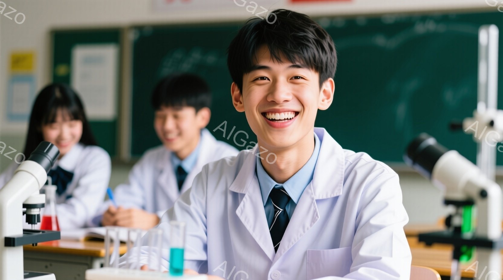 白衣を着た若い男性がカメラに向かって笑顔でこちらを見ている。背景には実験器具が並んだ机と、他の学生と思われる人物がぼんやりと写っており、実験室または理科の教室のような場所であることがわかる。明るい照明と生徒たちの表情から、活気があり、学習意欲の高い雰囲気を感じさせる。