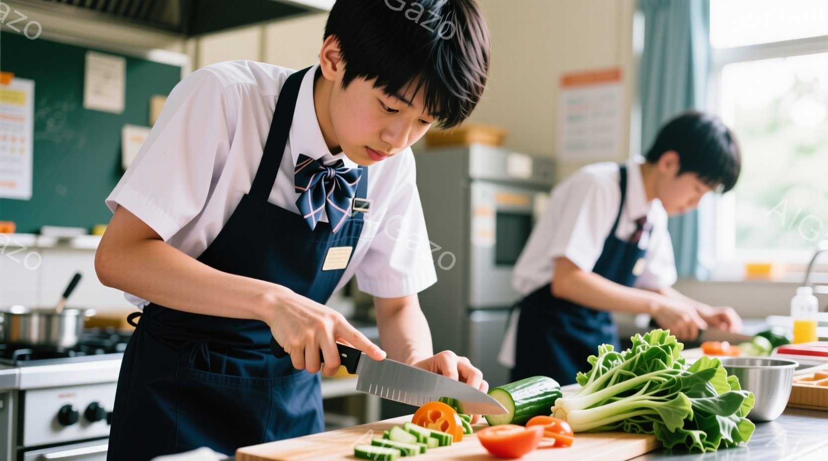 紺色の割烹着を着た男子学生が、調理台でキュウリを切っています。彼は黒髪で、前髪が少し伸びており、真剣な表情で包丁を握っています。背景にはステンレス製の調理器具や他の学生がおり、明るい室内で料理の実習が行われている様子が伺えます。