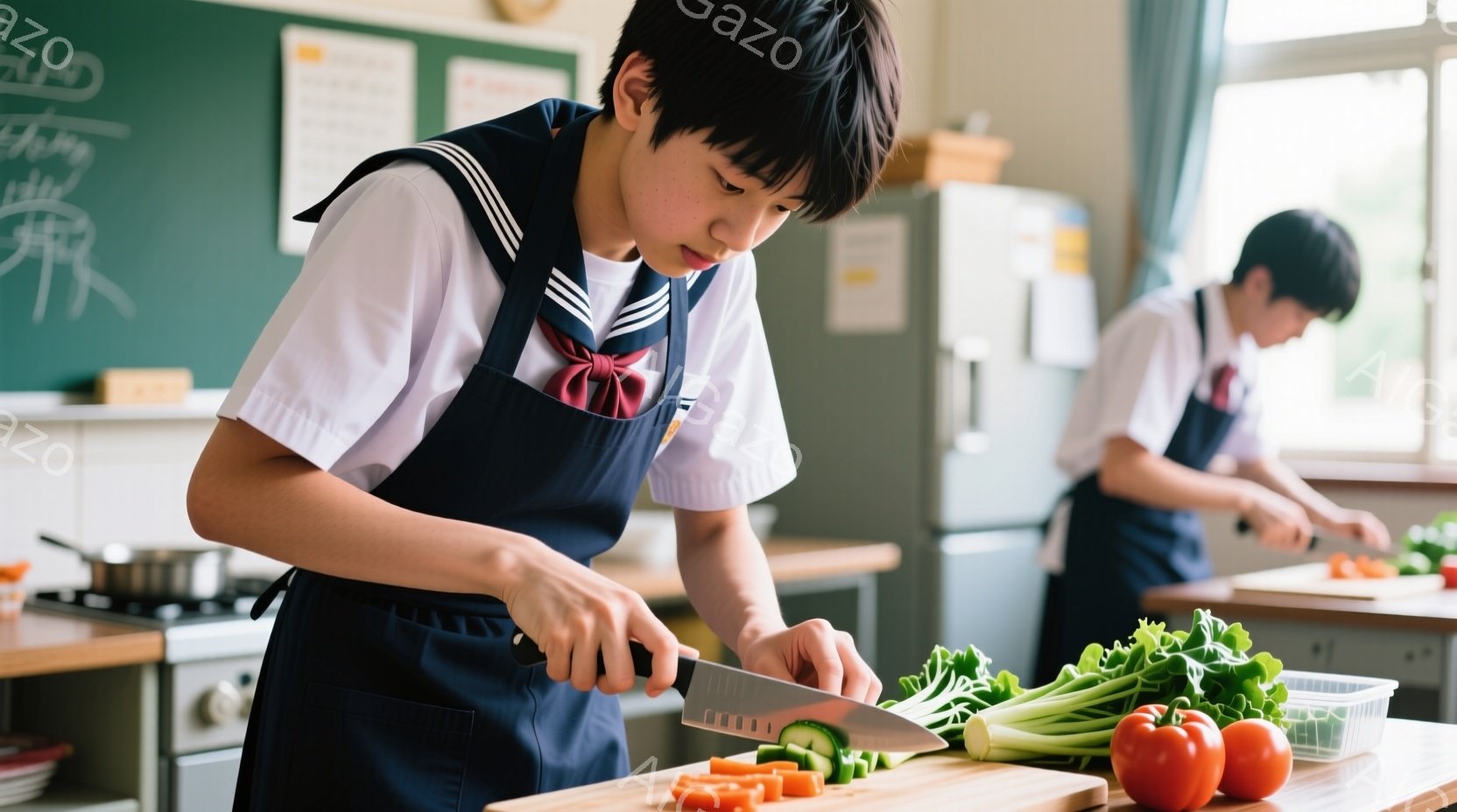 学生服を着た少年が調理実習で野菜を切っている。彼は黒髪で、前髪が少し目にかかっており、真剣な表情でまな板に向かっている。背景には他の生徒や調理器具、そしてステンレス製の作業台が見え、実習室の活気を感じ - AI生成フリー素材