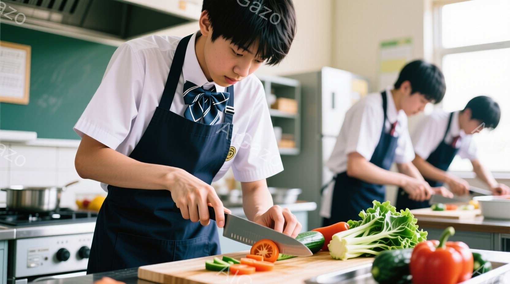 制服を着た男子学生が調理実習中である。彼はエプロンをつけ、真剣な表情でまな板の上でトマトを細かく刻んでいる。背景には、同じ制服を着た別の男子学生が別の調理台で作業をしているのが見え、調理室の様子が窺え - AI生成フリー素材