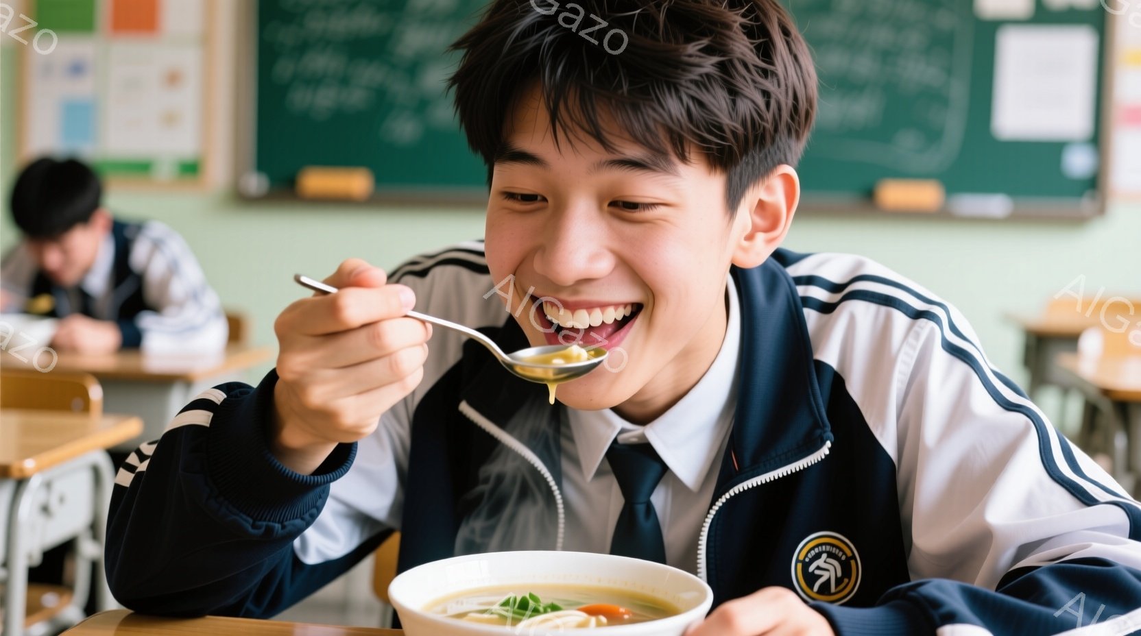 少年は教室で微笑みながら食事をしている。紺色のジャケットを着ており、黒髪は短く整えられている。背景には他の生徒と黒板が見え、明るく活気のある学校の雰囲気が漂っている。 - AI生成フリー素材