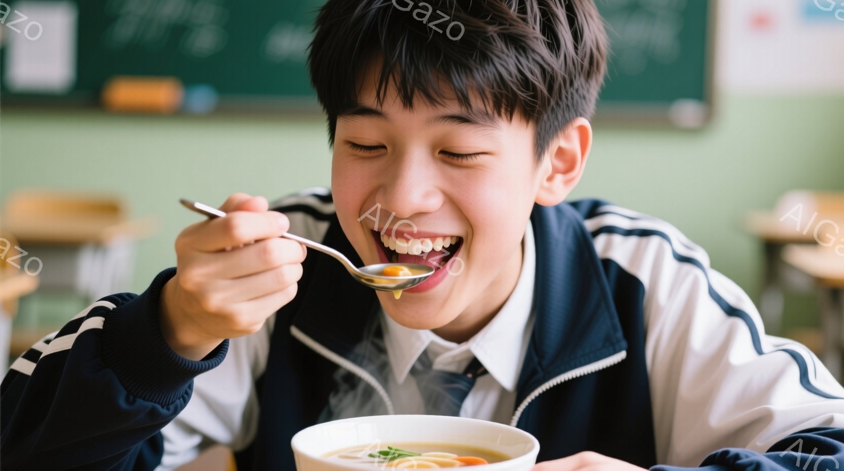 制服を着た少年が、笑顔で何かをスプーンで口に運んでいます。彼の髪型は短く、前髪が少し降りており、表情は非常に明るく、楽しそうです。背景は学校の食堂のようで、木製のテーブルと椅子が並んでいます。