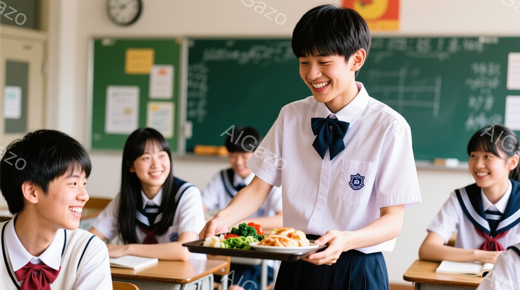 制服を着た女子生徒たちが教室にいます。一人の生徒がトレイに盛られた料理を持って、笑顔でそれを見せようとしています。教室には机と椅子があり、黒板には何らかの文字が書かれており、明るく活気のある雰囲気です - AI生成フリー素材