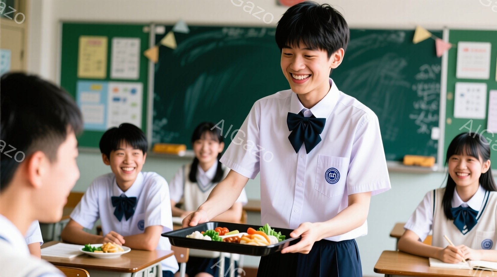 制服を着た男子学生が、たくさんの野菜が並んだ大きな皿をクラスメートに差し出している様子が描かれている。彼は明るい笑顔で、少し前かがみになり、丁寧に野菜を渡そうとしている。教室の背景には、同じ制服を着た他の生徒たちが座っており、温かく楽しげな雰囲気が漂っている。