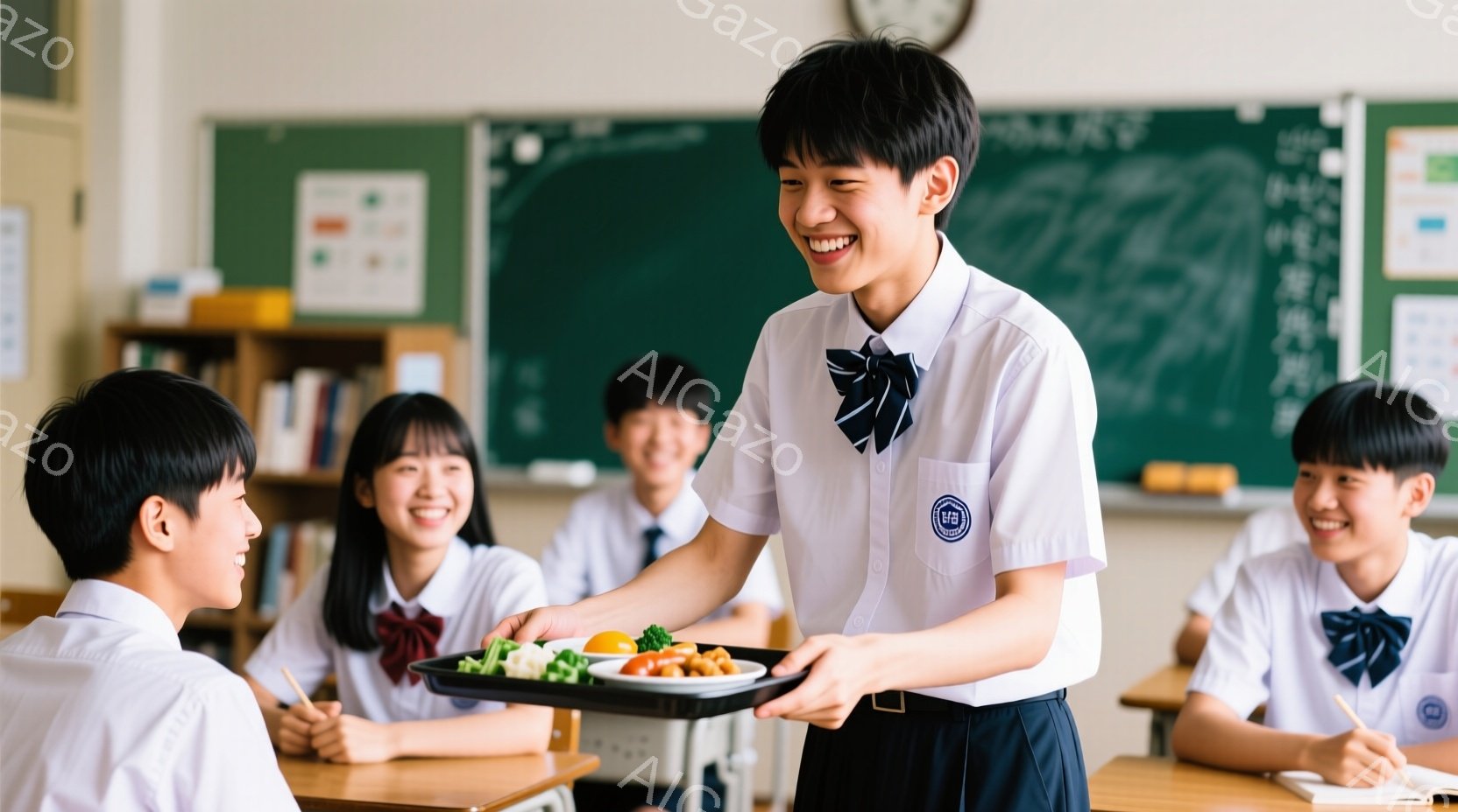 制服を着た少年が、お皿いっぱいの食事をクラスメイトに差し出しています。少年は明るい笑顔で、クラスメイトもまた笑顔でそれを受けようとしています。教室の中には他の生徒もおり、机に座って彼らを見守っています。