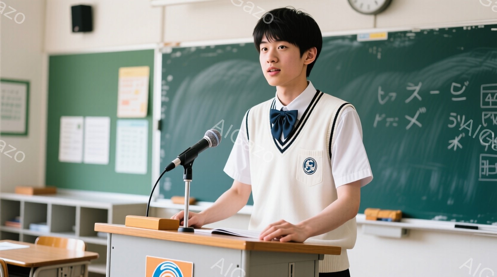 制服を着た少年が壇上に立って、マイクに向かって話しています。白いシャツにネイビーのセーターベスト、そしてネクタイを締め、姿勢はまっすぐで真剣な表情をしています。背景には黒板と教室の棚が見え、学校の授業風景であることがわかります。